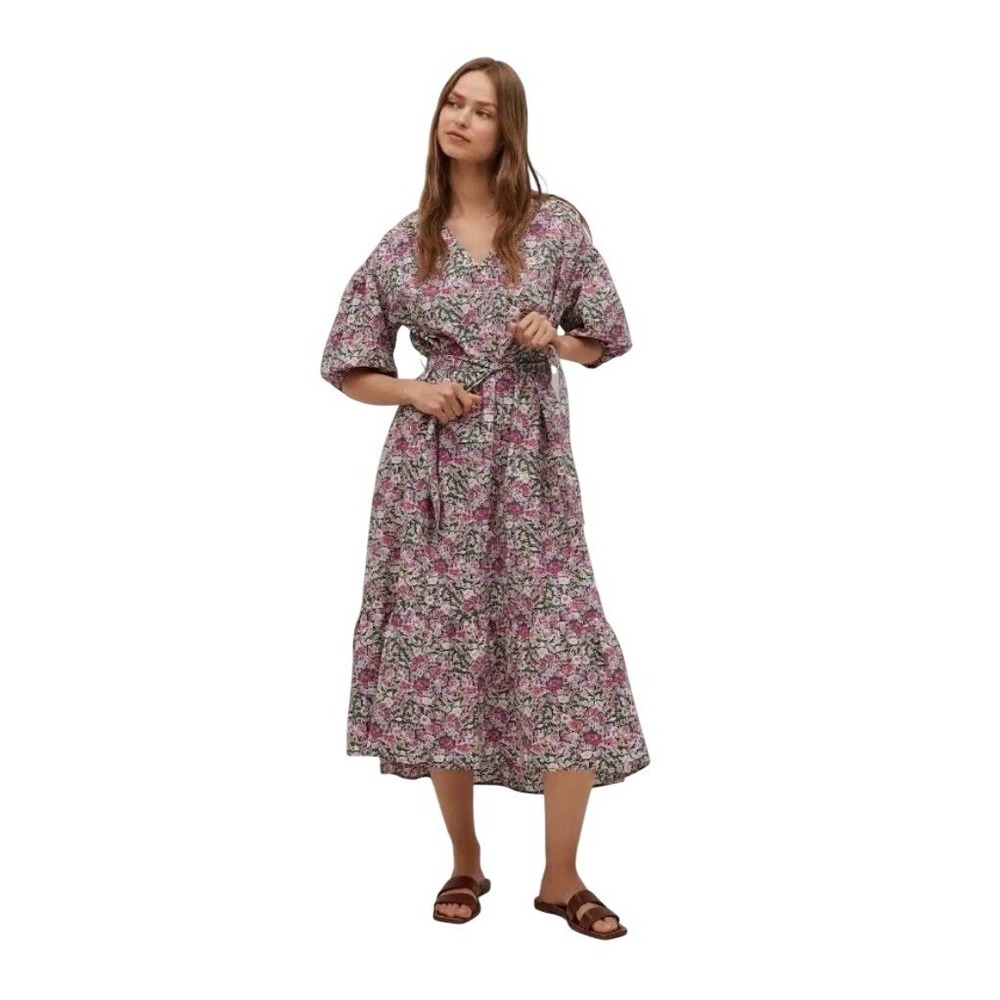 Mango NEW Linda Floral Midi Dress Womens XL Pink Green Sustainable Cotton Boho